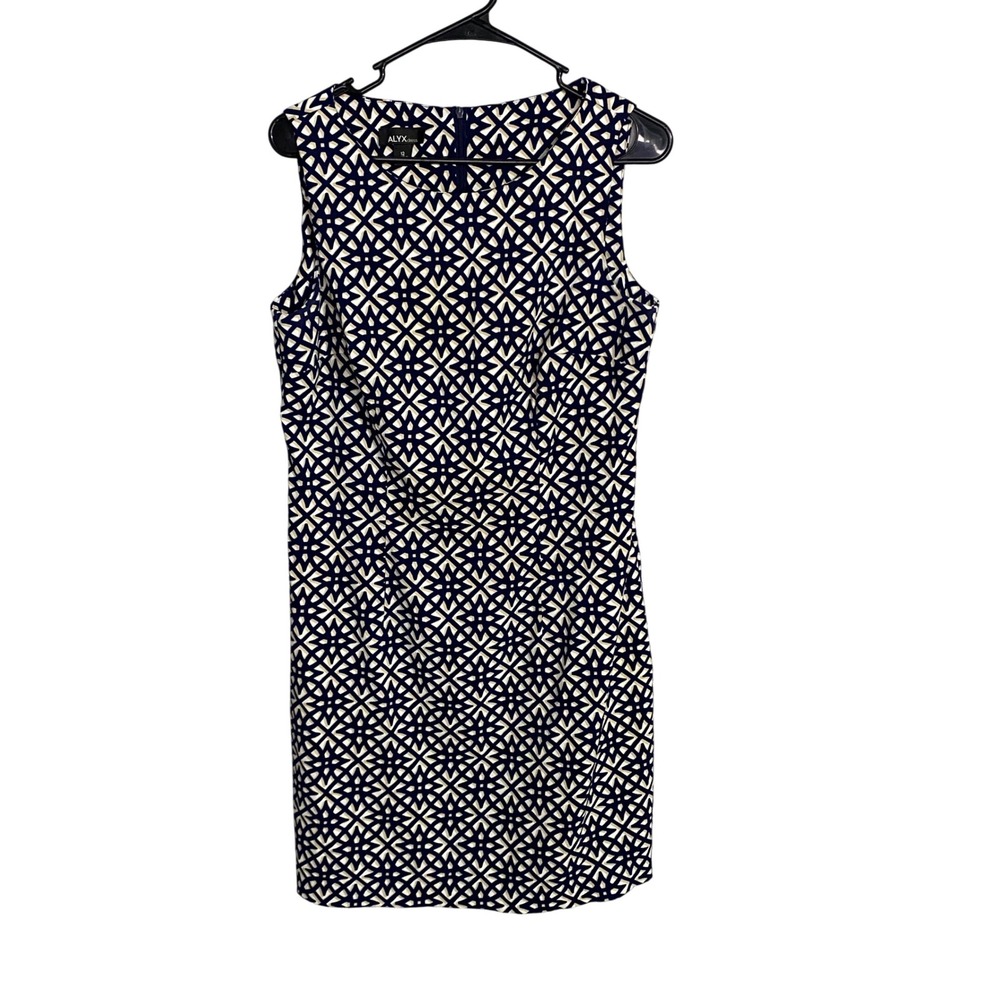 ALYX Womens Navy Blue Cream Geometric Trellis Sleeveless Sheath Dress Size 12